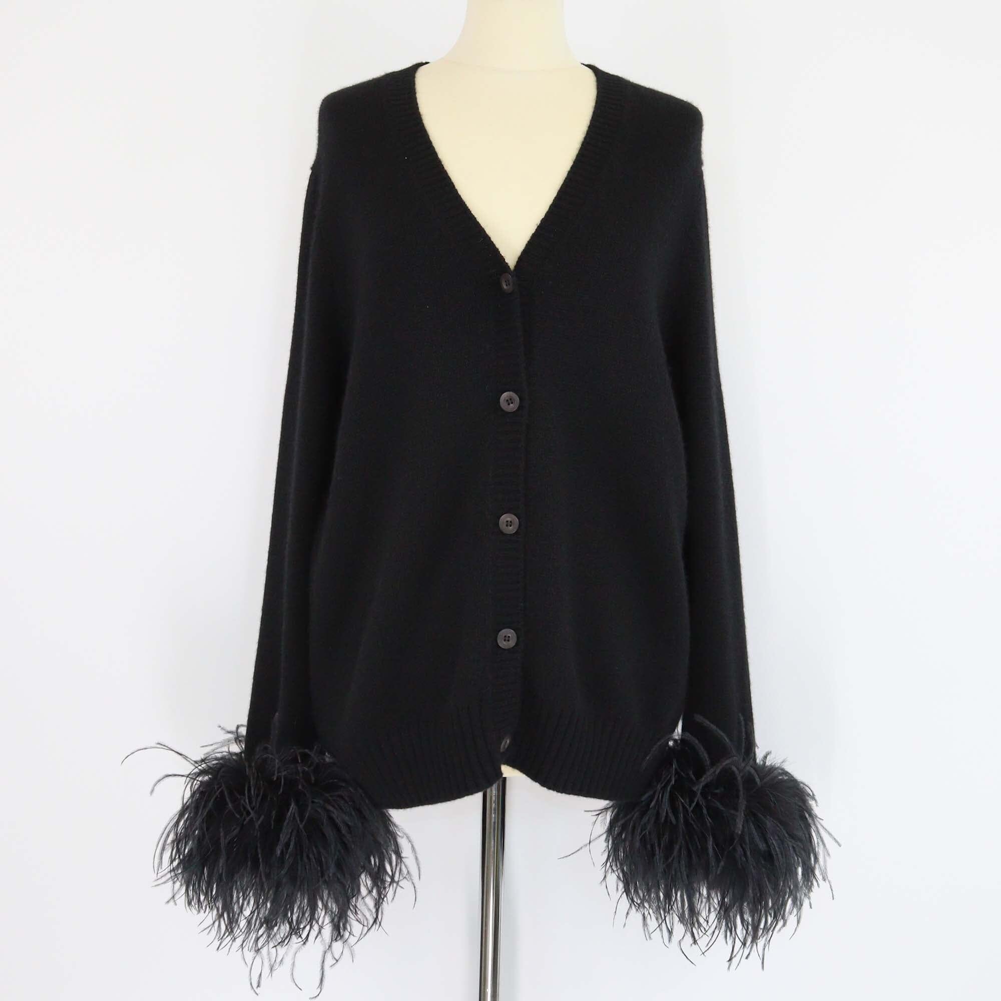 Prada Black Feather Trim Cuff Cashmere Long Sleeve Cardigan Womens Prada 