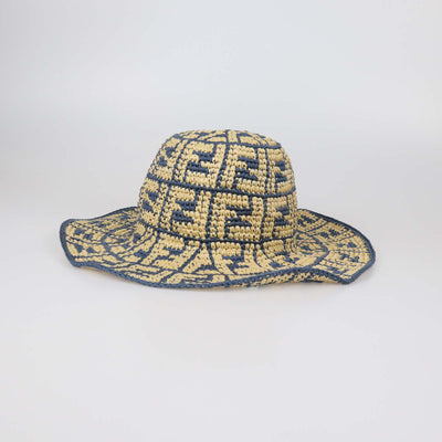 Fendi Blue/Natural FF Raffia Wide Brimmed Hat