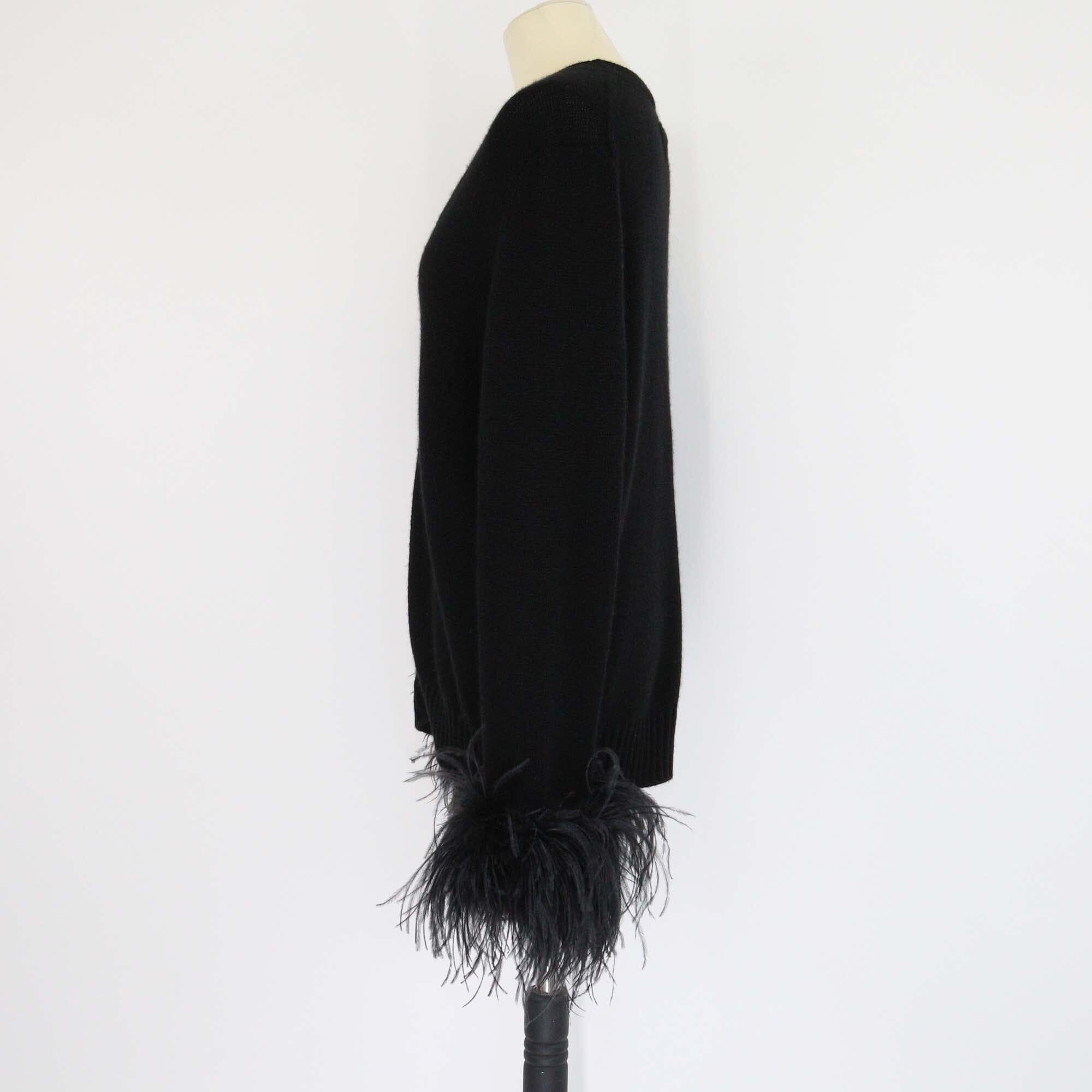 Prada Black Feather Trim Cuff Cashmere Long Sleeve Cardigan Womens Prada 
