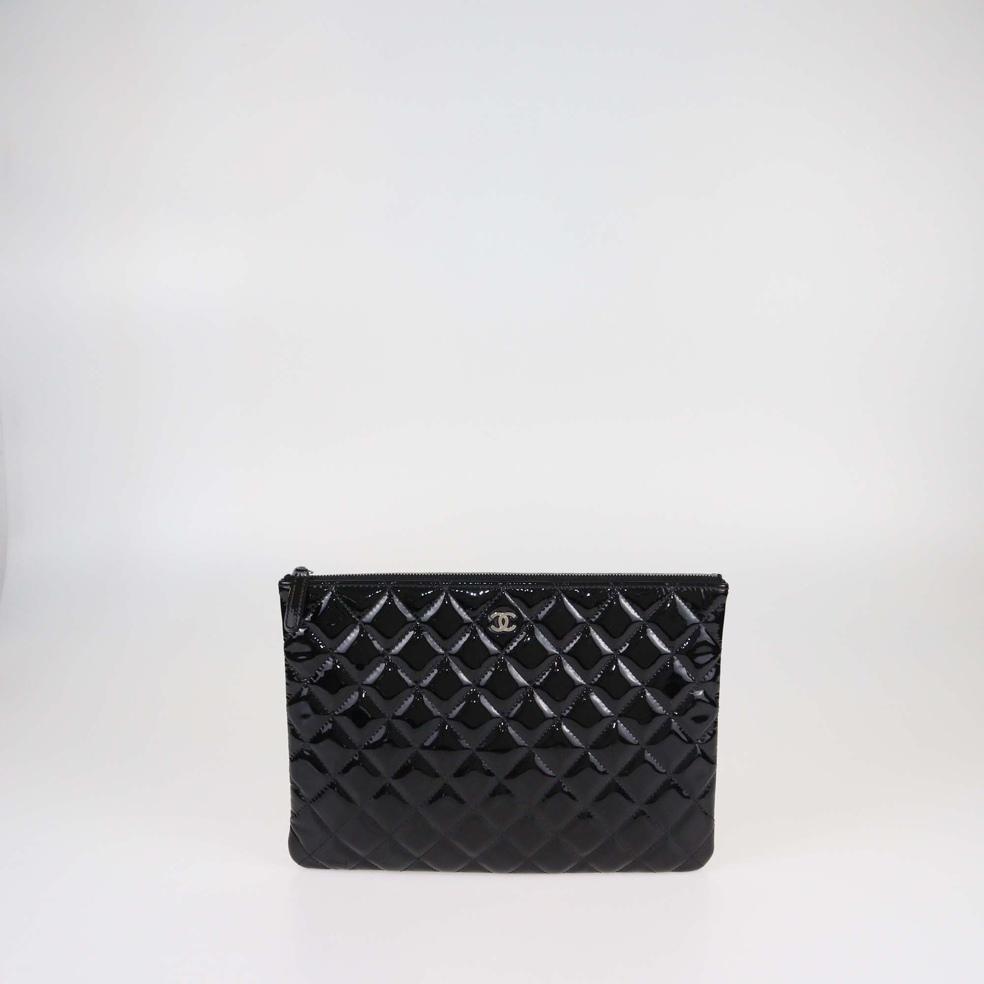 Chanel Black Quilted Patent Leather Medium O Case Clutch