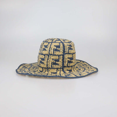 Fendi Blue/Natural FF Raffia Wide Brimmed Hat