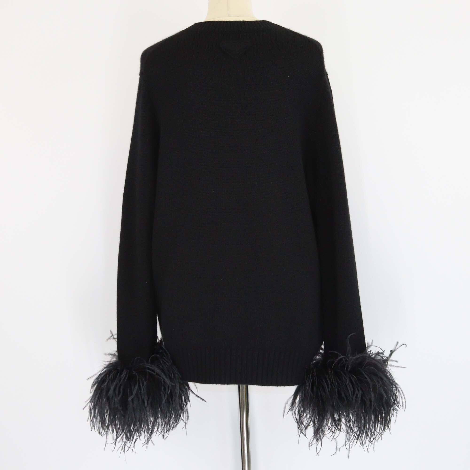 Prada Black Feather Trim Cuff Cashmere Long Sleeve Cardigan Womens Prada 