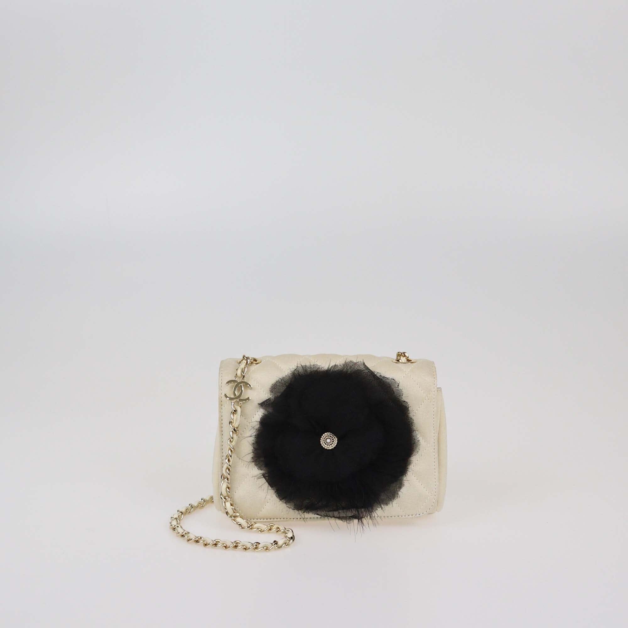 Chanel Off White Quilted Satin Camellia Mini Flap Bag Womens Chanel 