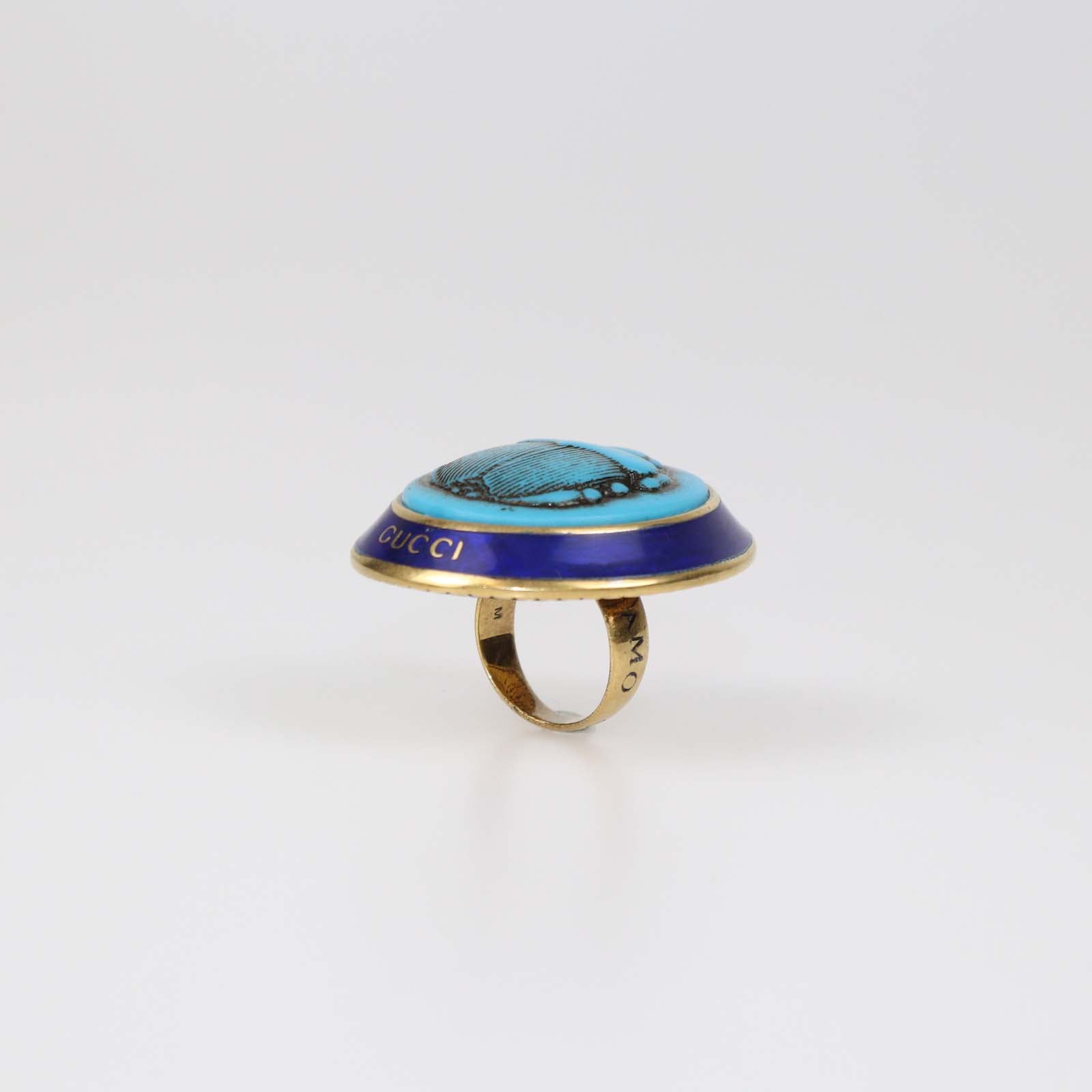 Gucci Aged Gold Metal Turquoise Beetle Cocktail Ring M