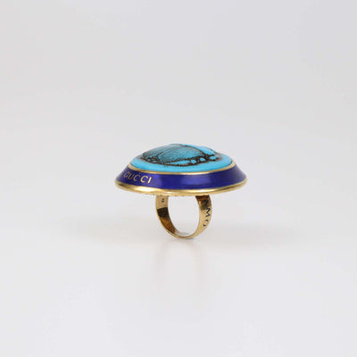 Gucci Aged Gold Metal Turquoise Beetle Cocktail Ring M