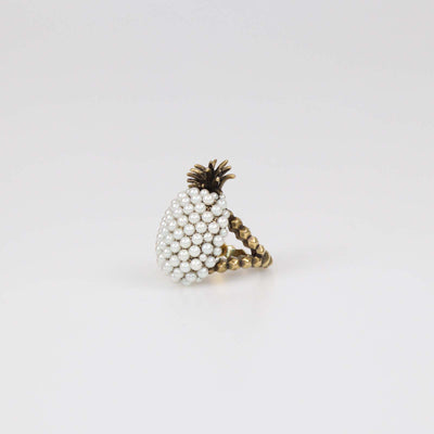 Gucci Aged Gold Metal Faux Pearl Pineapple Cocktail Ring M