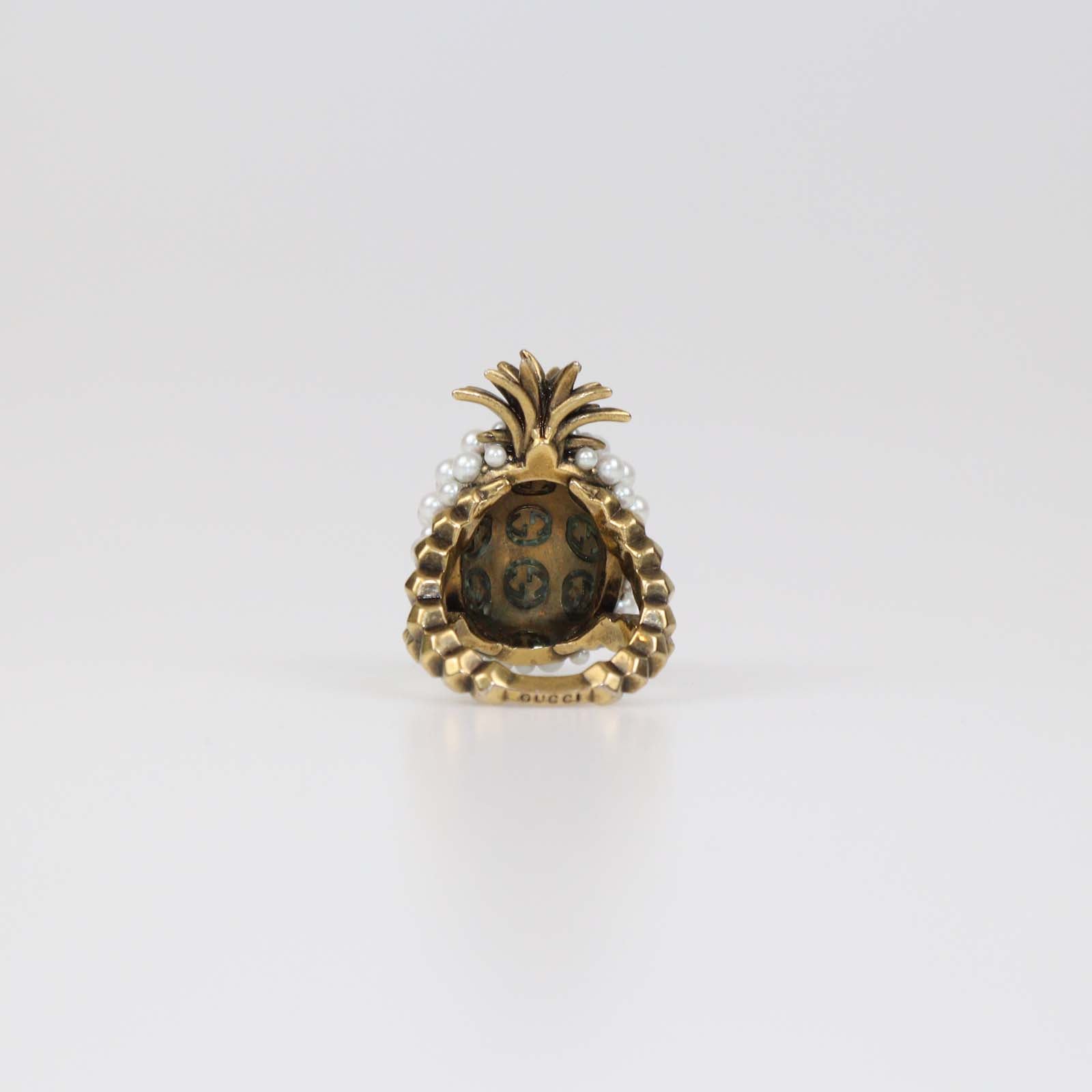 Gucci Aged Gold Metal Faux Pearl Pineapple Cocktail Ring M