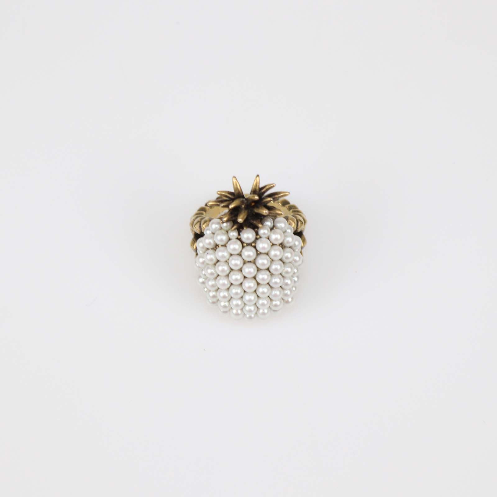 Gucci Aged Gold Metal Faux Pearl Pineapple Cocktail Ring M