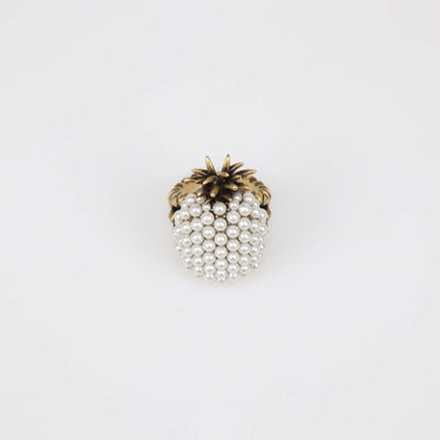 Gucci Aged Gold Metal Faux Pearl Pineapple Cocktail Ring M