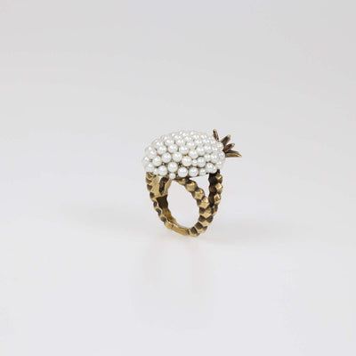 Gucci Aged Gold Metal Faux Pearl Pineapple Cocktail Ring M
