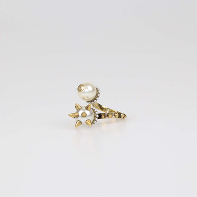 Gucci Aged Gold Metal Faux Pearl Spike Studded Ring