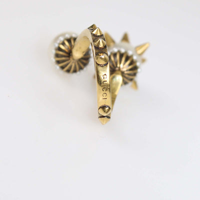 Gucci Aged Gold Metal Faux Pearl Spike Studded Ring