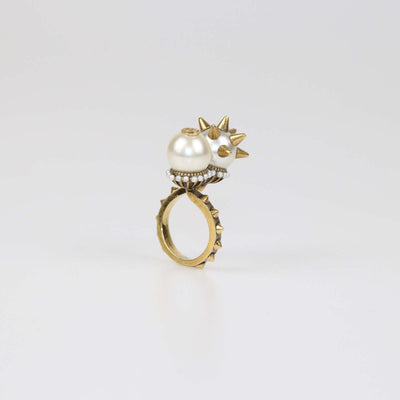 Gucci Aged Gold Metal Faux Pearl Spike Studded Ring