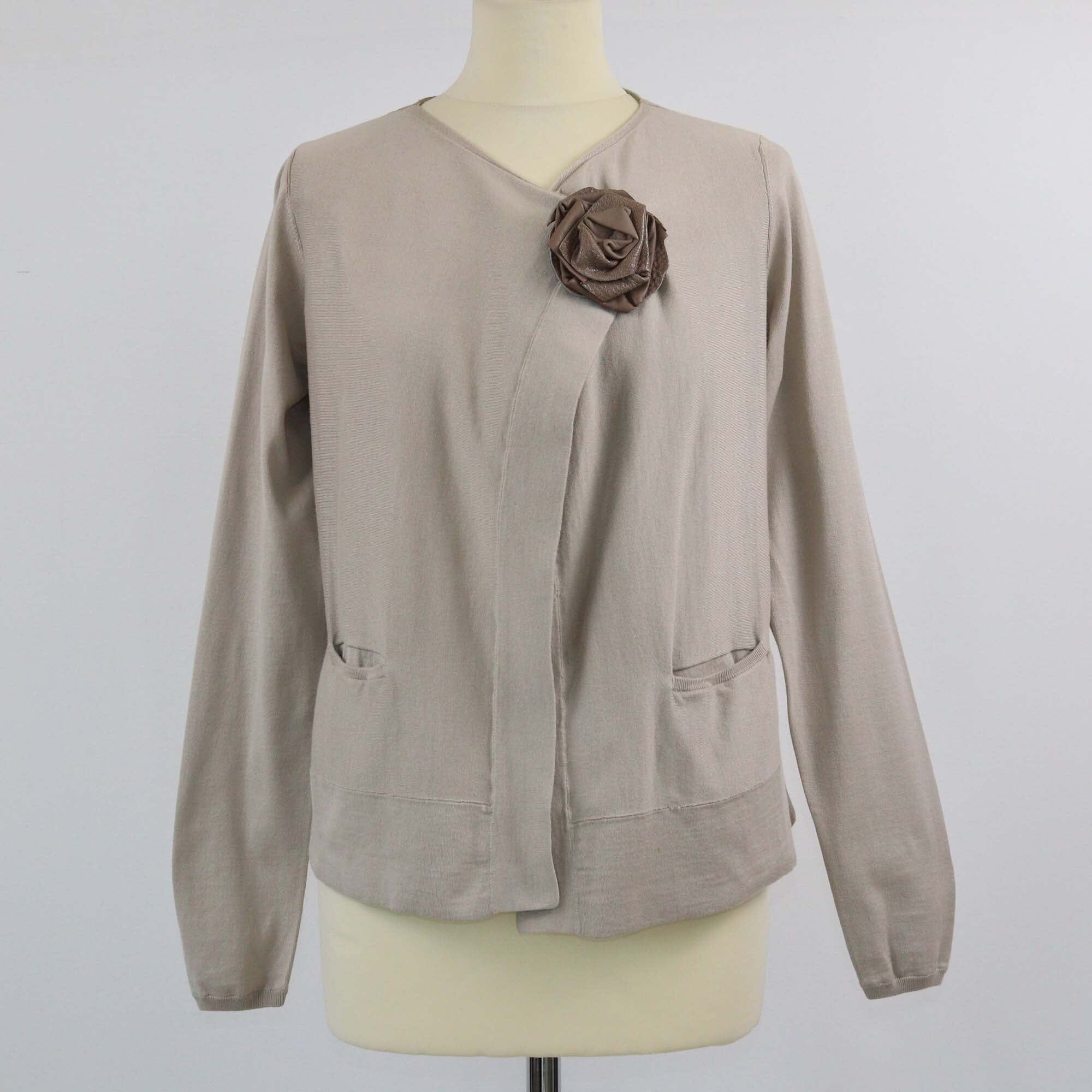 Brunello Cucinelli Beige W/Flower Brooch Knited Longsleeve Cardigan Womens Brunello Cucinelli 