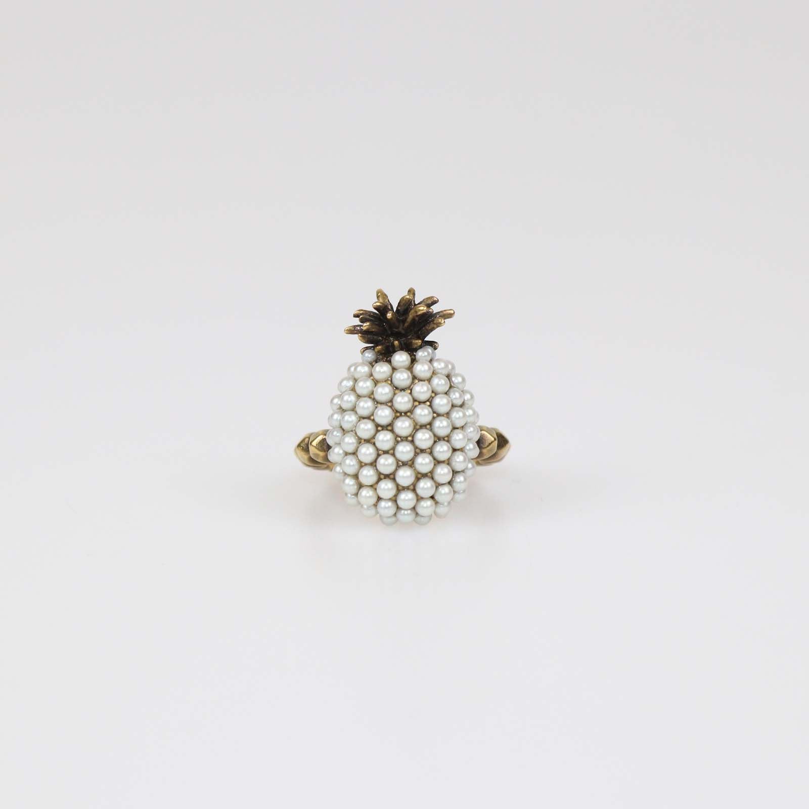 Gucci Aged Gold Metal Faux Pearl Pineapple Cocktail Ring XS