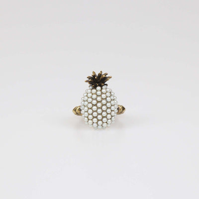 Gucci Aged Gold Metal Faux Pearl Pineapple Cocktail Ring XS