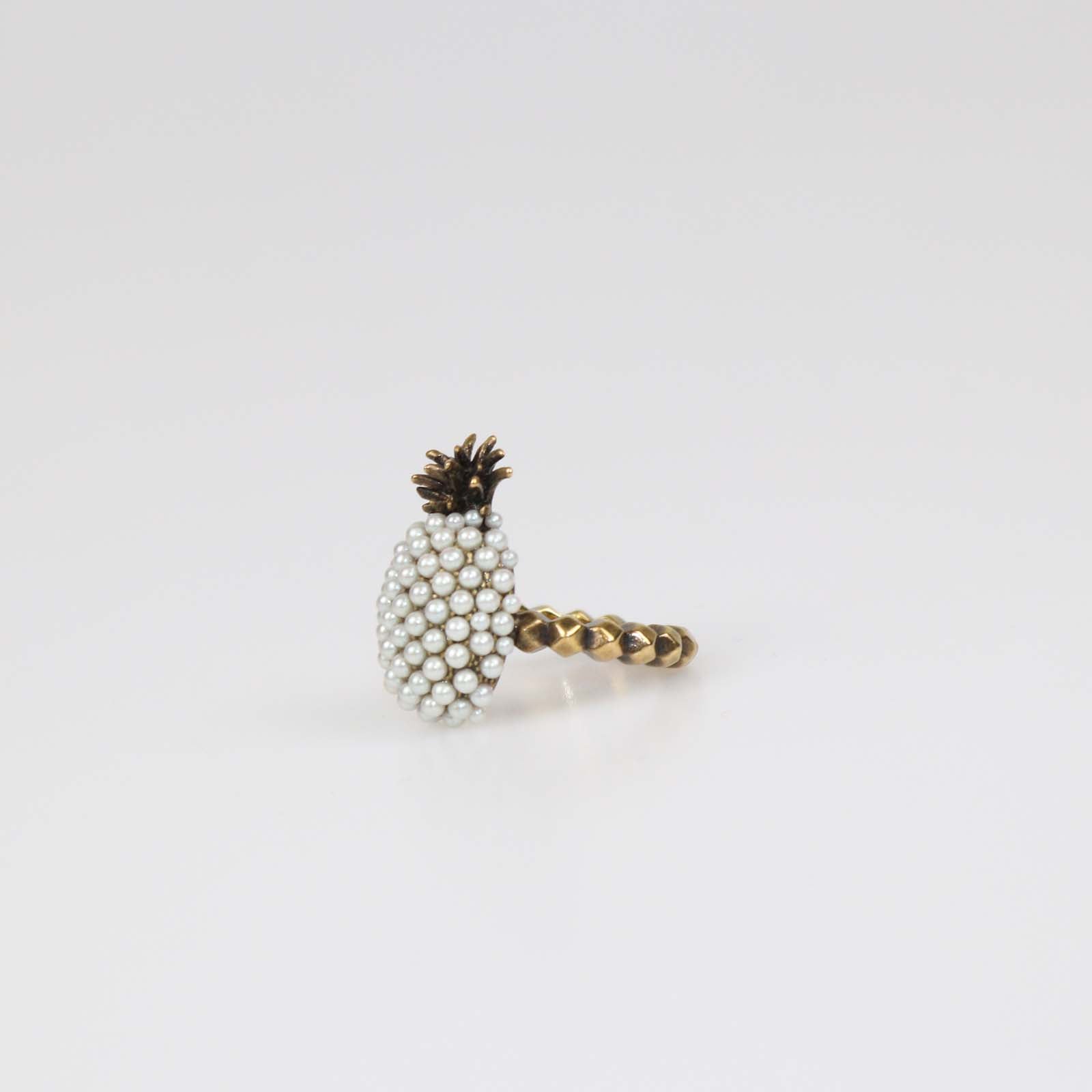 Gucci Aged Gold Metal Faux Pearl Pineapple Cocktail Ring XS