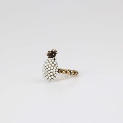 Gucci Aged Gold Metal Faux Pearl Pineapple Cocktail Ring XS