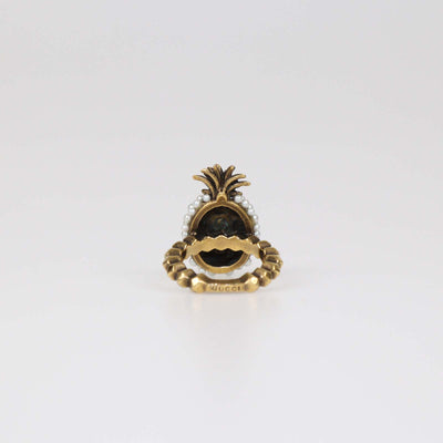 Gucci Aged Gold Metal Faux Pearl Pineapple Cocktail Ring XS