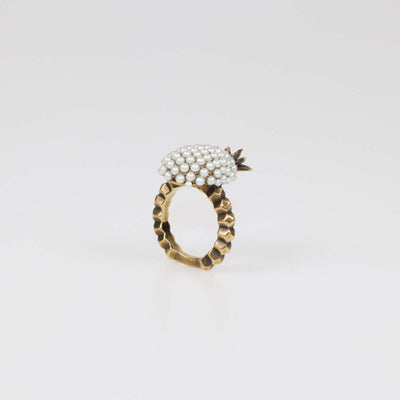 Gucci Aged Gold Metal Faux Pearl Pineapple Cocktail Ring XS