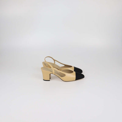 Chanel Beige Leather and Fabric Cap Toe Slingback Pumps