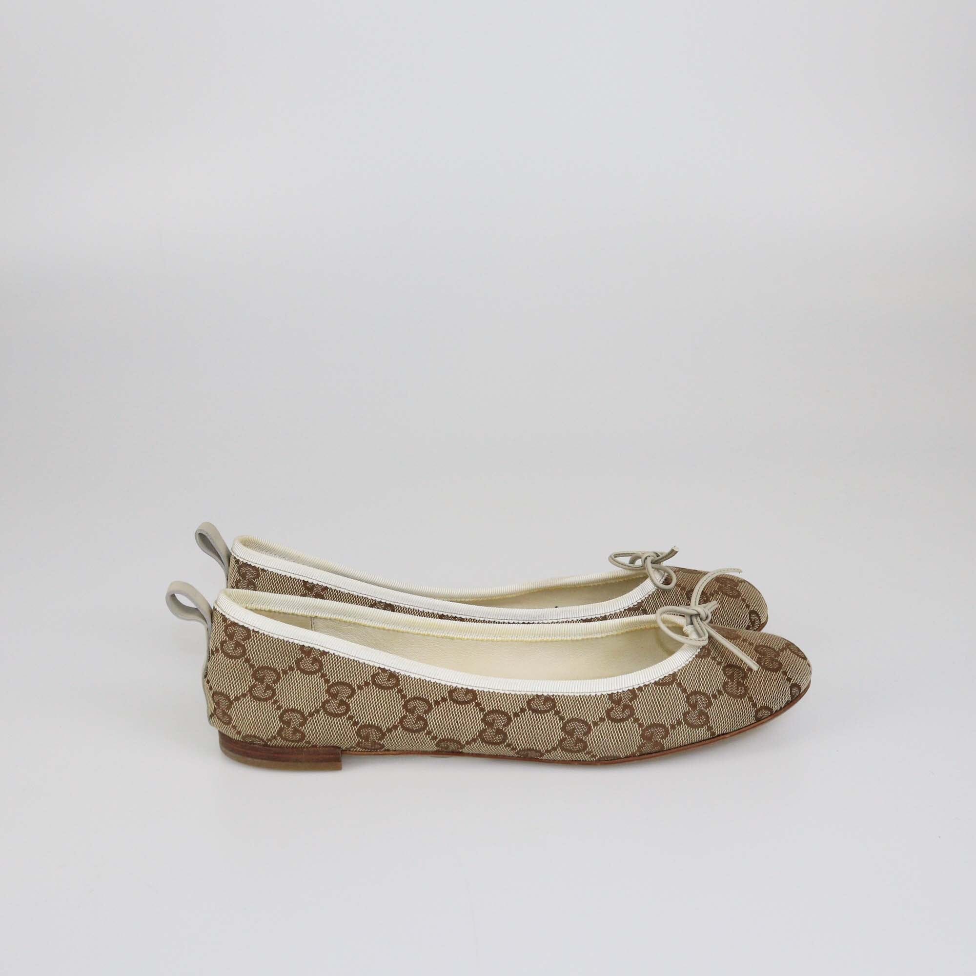 Gucci Beige/White GG Bow Ballet Flats Womens Gucci 