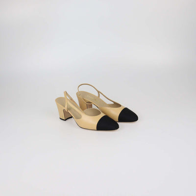 Chanel Beige Leather and Fabric Cap Toe Slingback Pumps