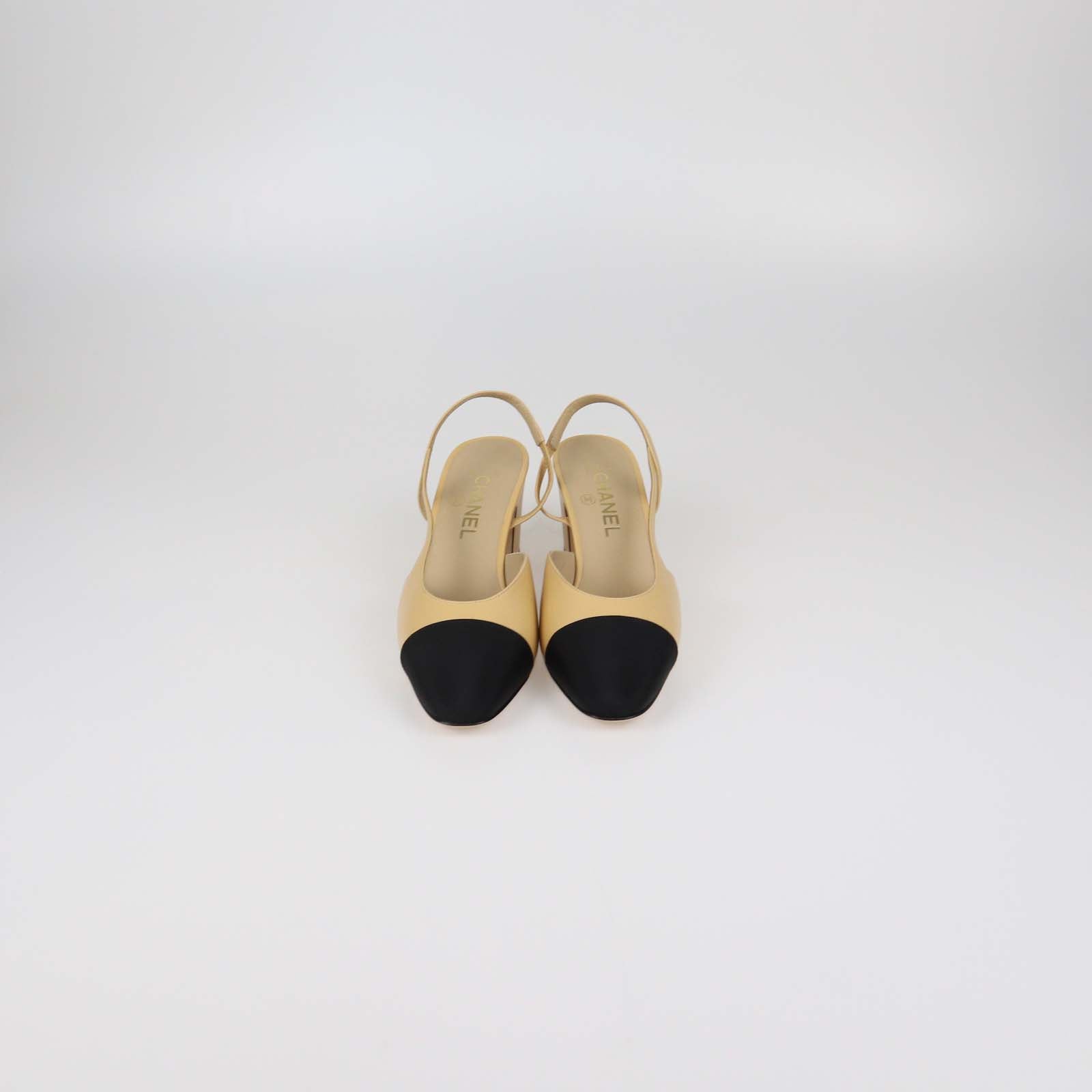 Chanel Beige Leather and Fabric Cap Toe Slingback Pumps
