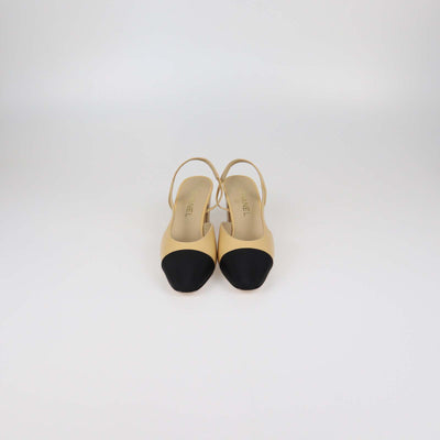 Chanel Beige Leather and Fabric Cap Toe Slingback Pumps