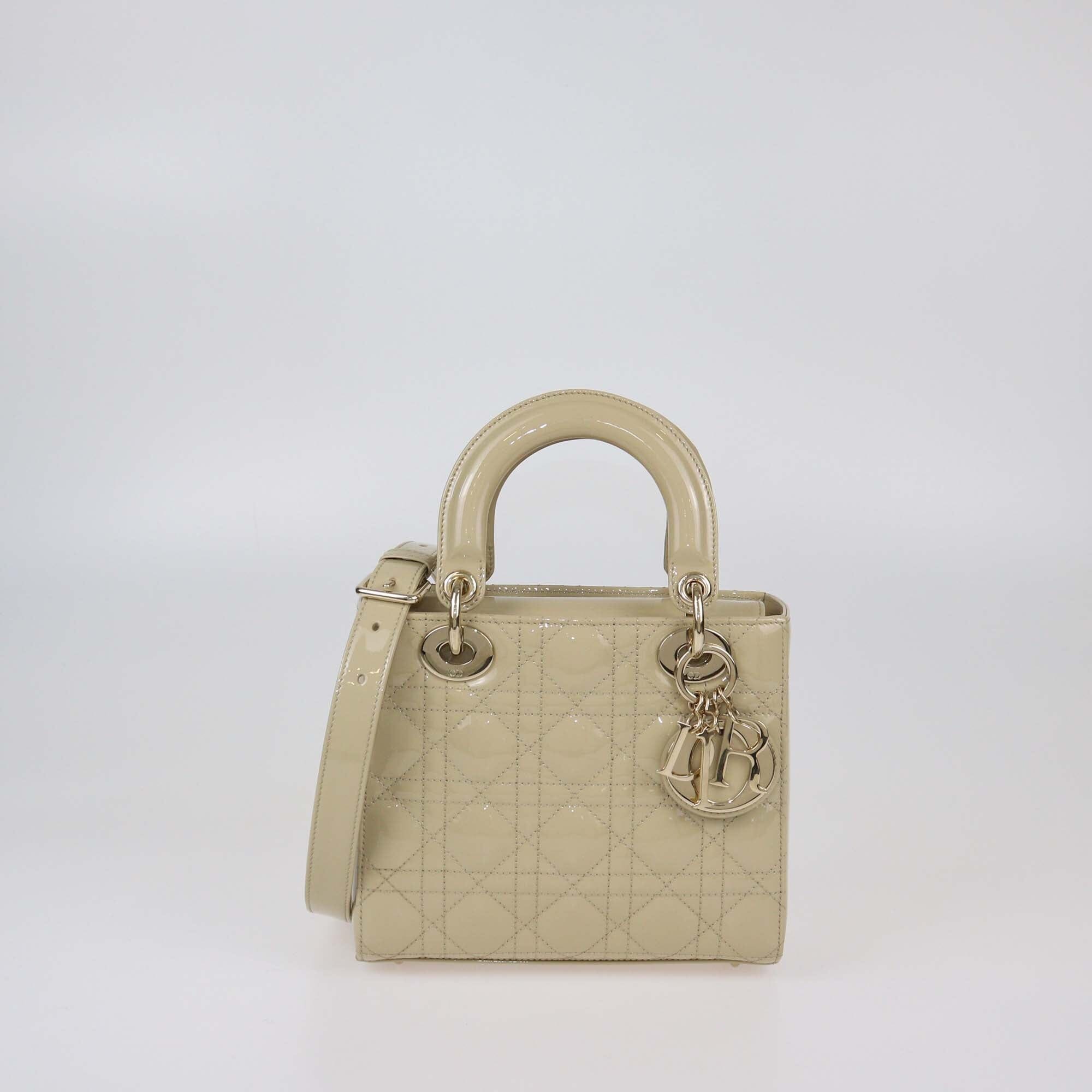 Christian Dior Beige Cannage Patent Leather Small Lady Dior Tote Womens Christian Dior 