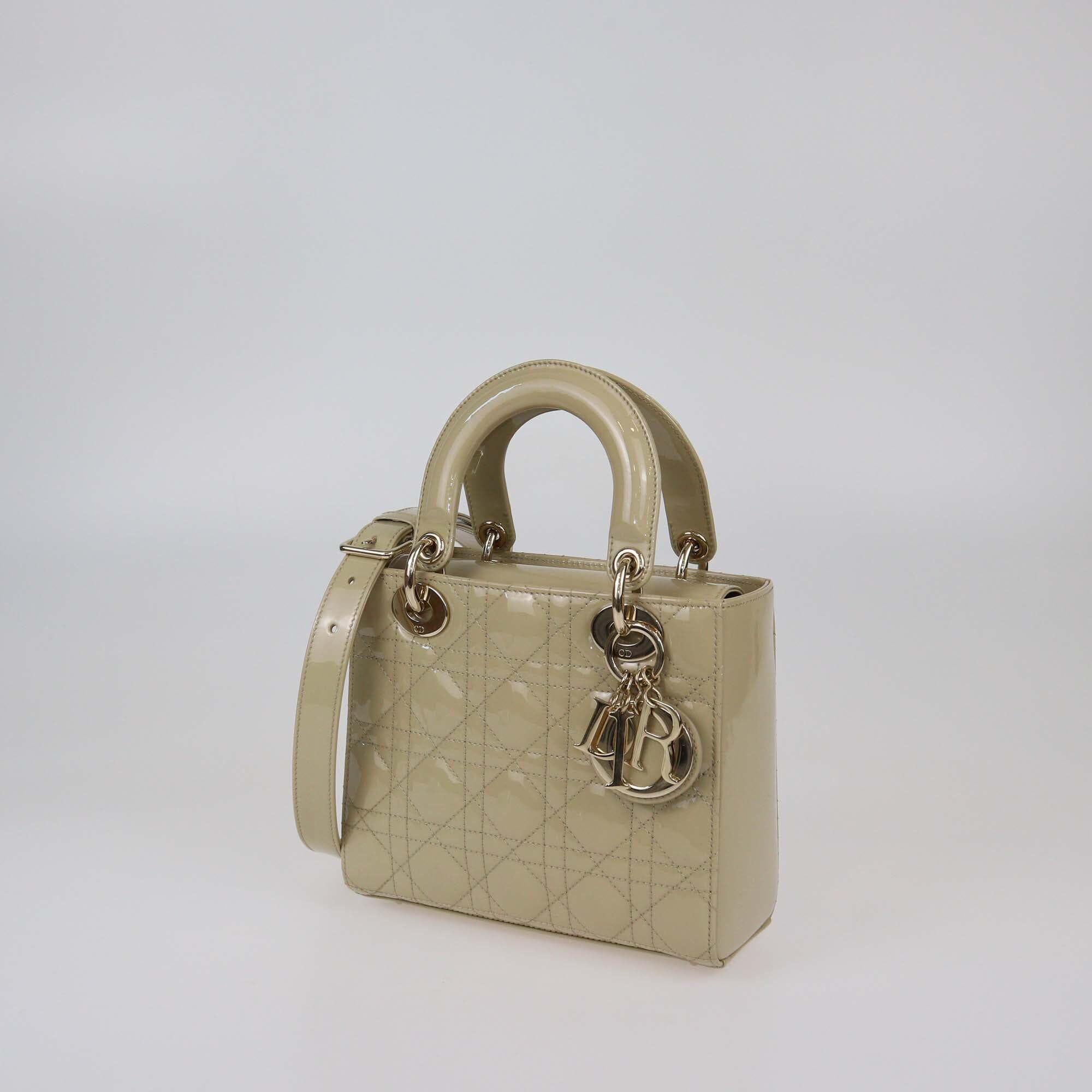 Christian Dior Beige Cannage Patent Leather Small Lady Dior Tote Womens Christian Dior 