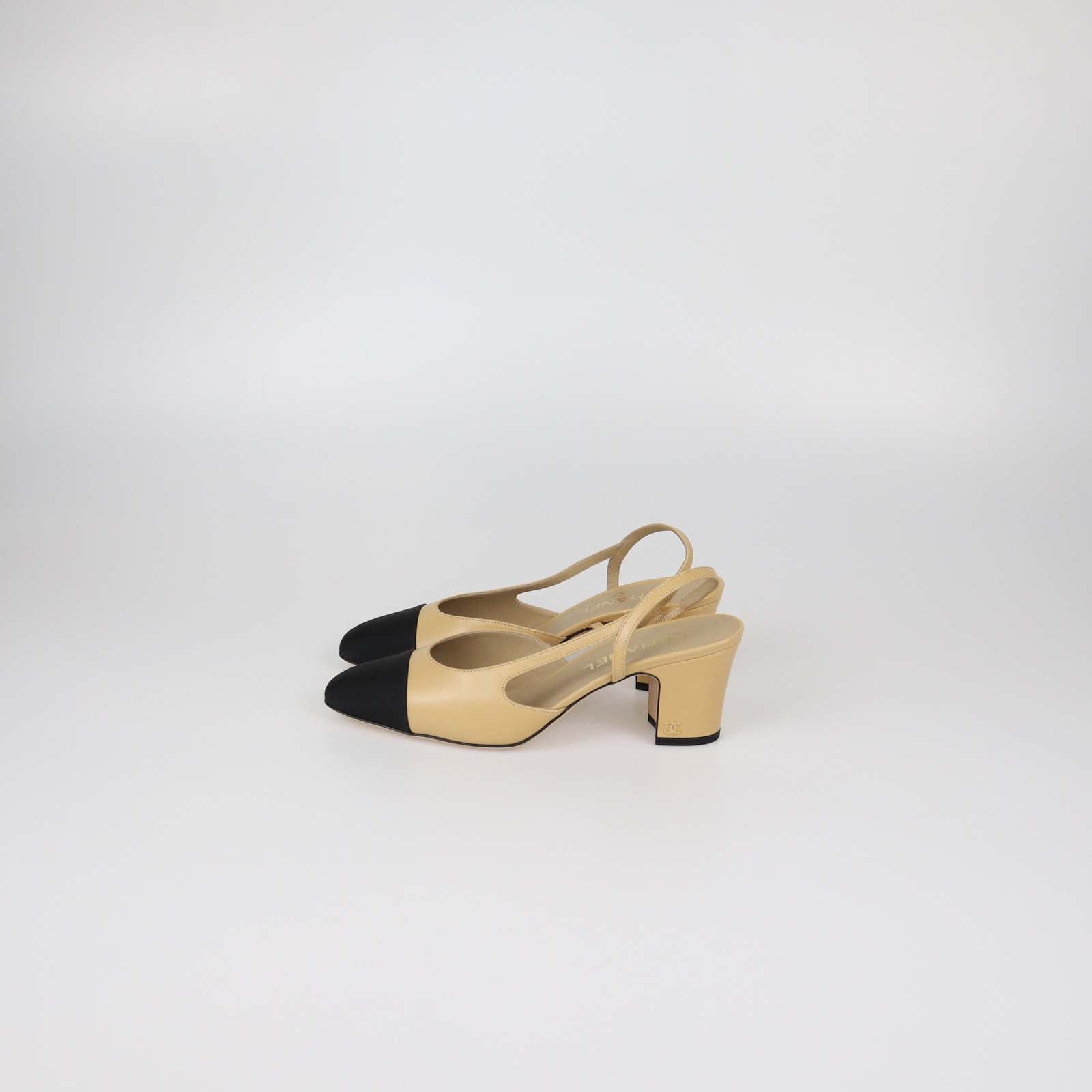 Chanel Beige Leather and Fabric Cap Toe Slingback Pumps