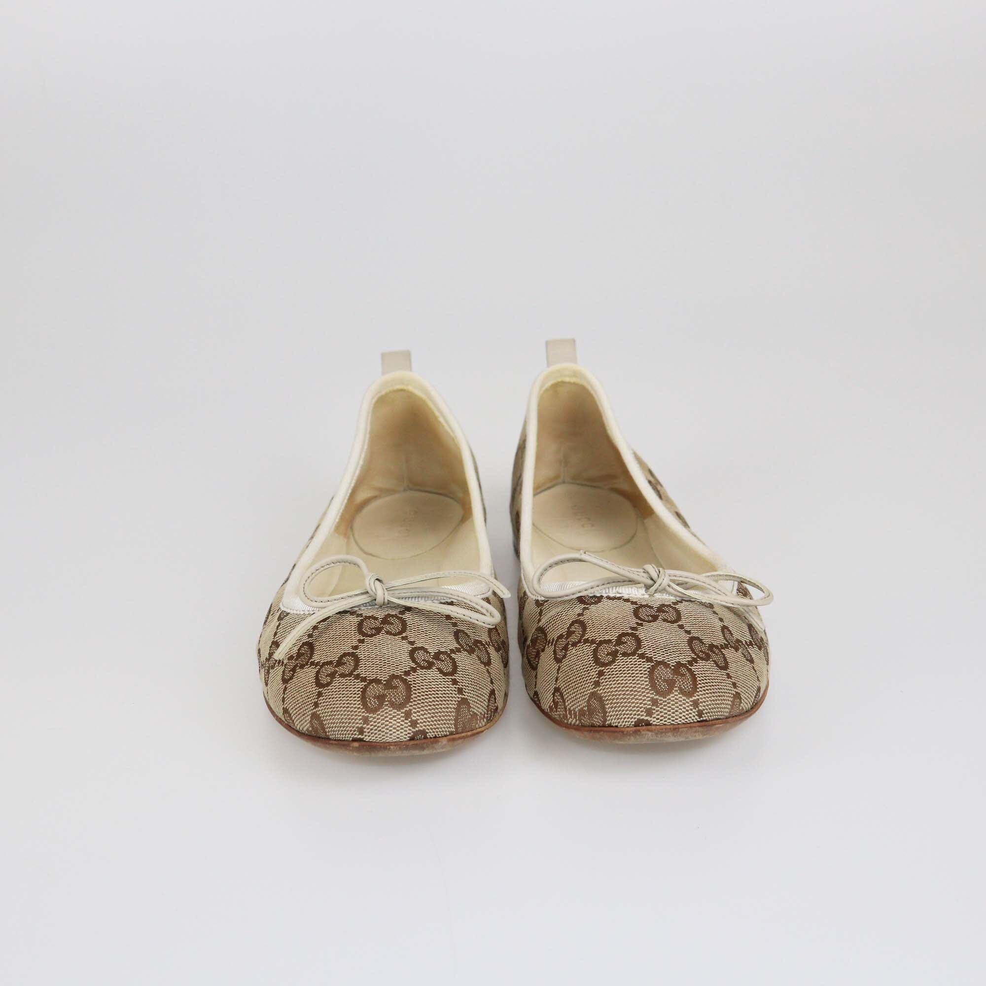 Gucci Beige/White GG Bow Ballet Flats Womens Gucci 