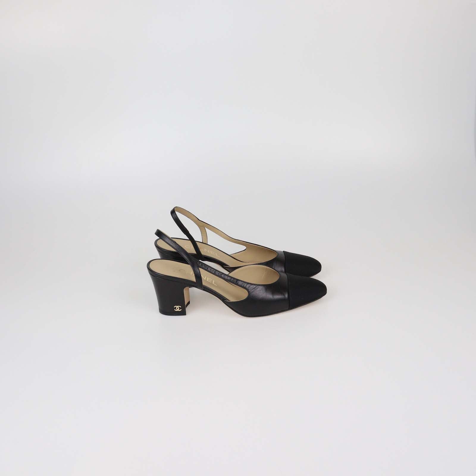 Chanel Black Leather and Fabric Cap Toe Slingback Pumps