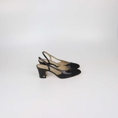 Chanel Black Leather and Fabric Cap Toe Slingback Pumps