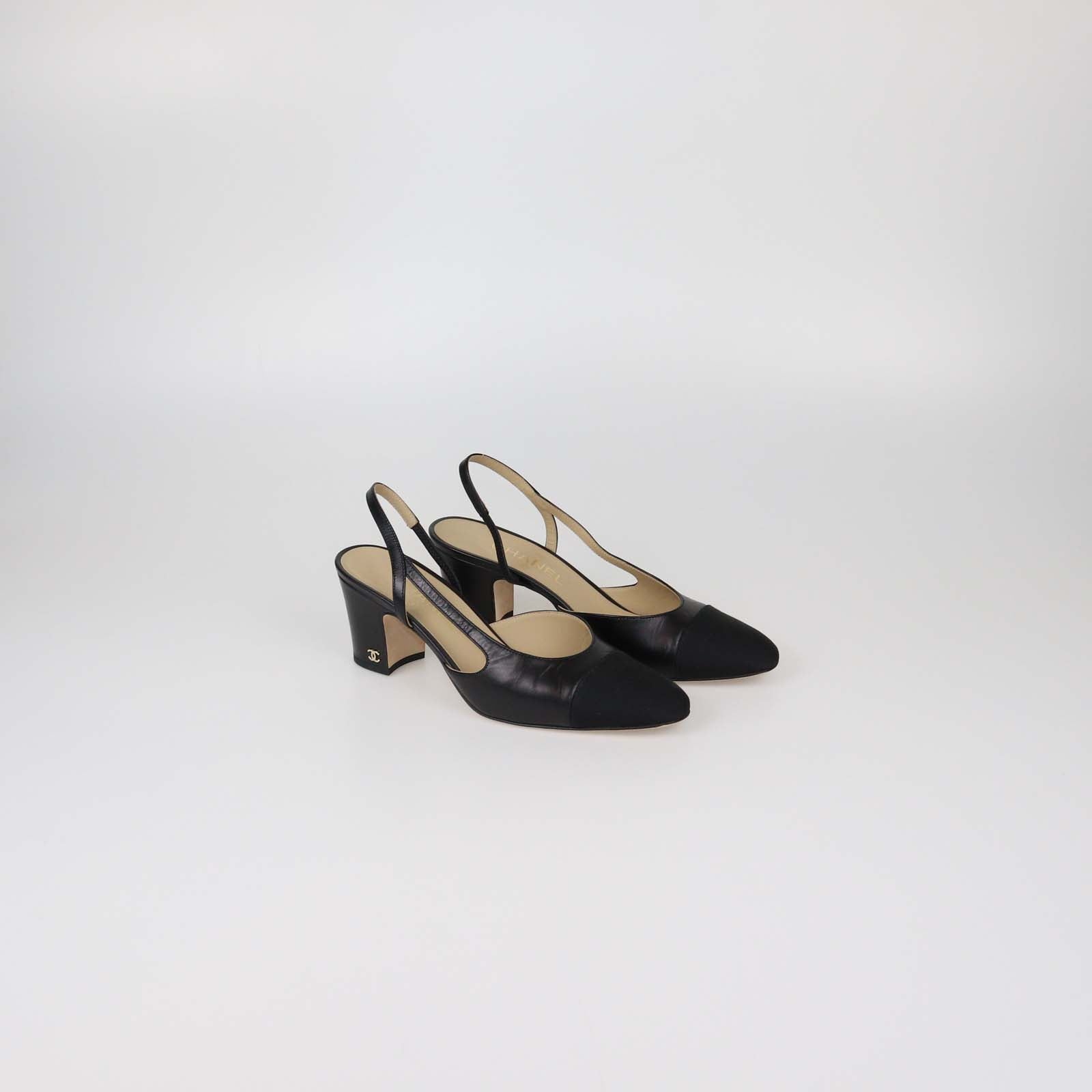 Chanel Black Leather and Fabric Cap Toe Slingback Pumps