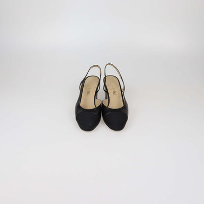 Chanel Black Leather and Fabric Cap Toe Slingback Pumps