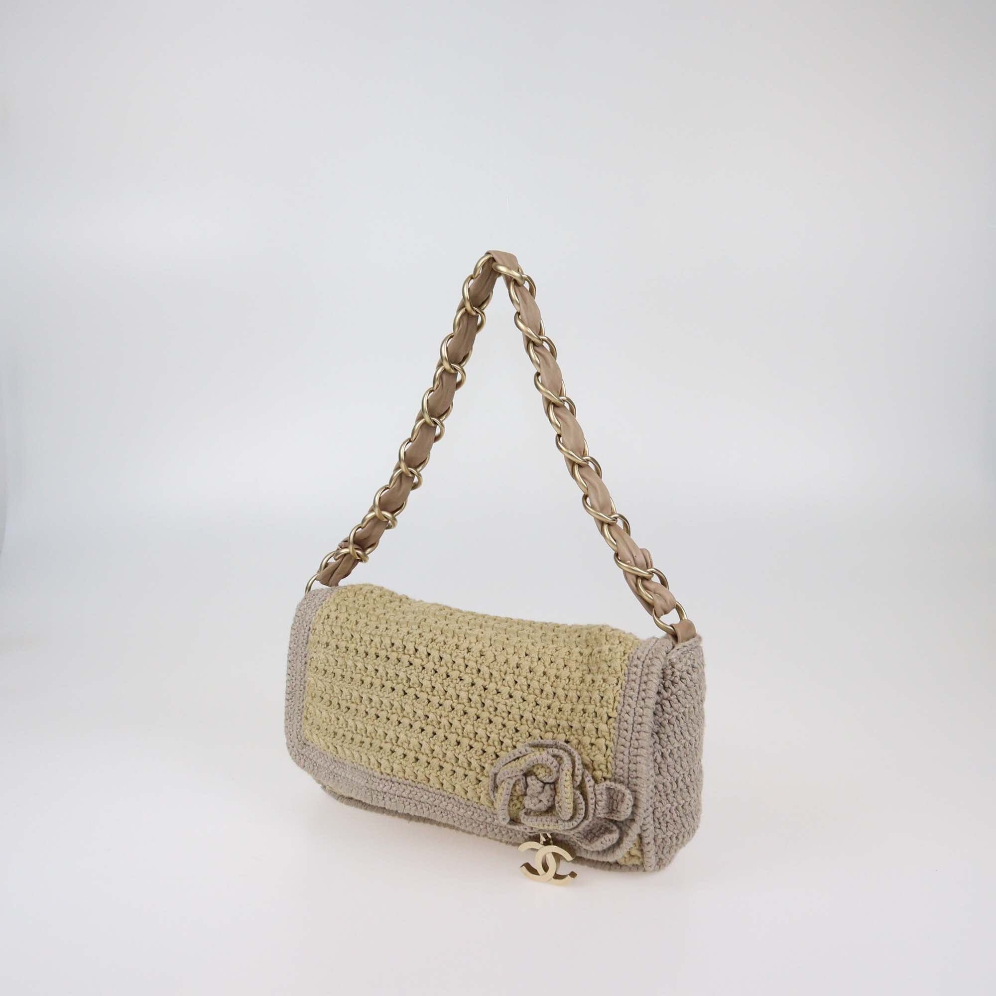 Chanel Brown/Beige Camellia Wool Crochet Knitted Shoulder Bag Womens Chanel 