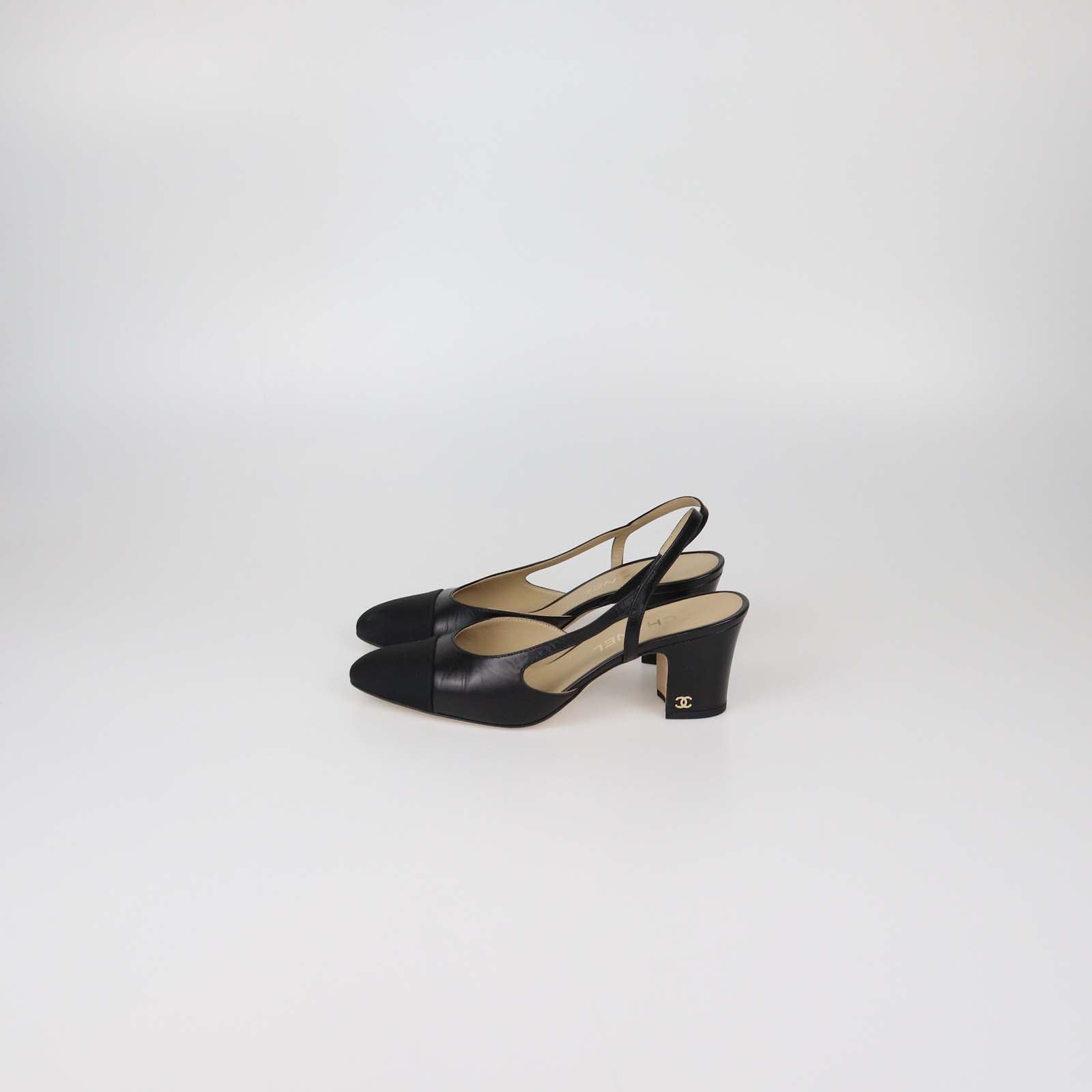 Chanel Black Leather and Fabric Cap Toe Slingback Pumps