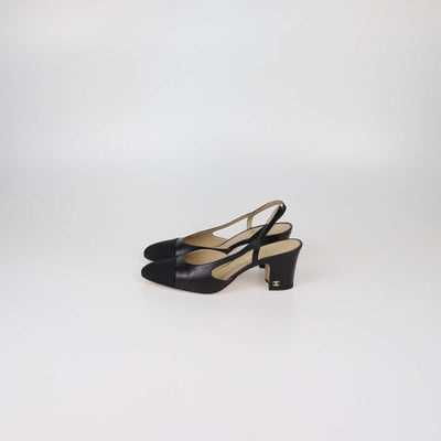 Chanel Black Leather and Fabric Cap Toe Slingback Pumps