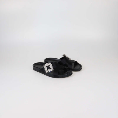 Manolo Blahnik Black Satin Crystal Embellished Slides
