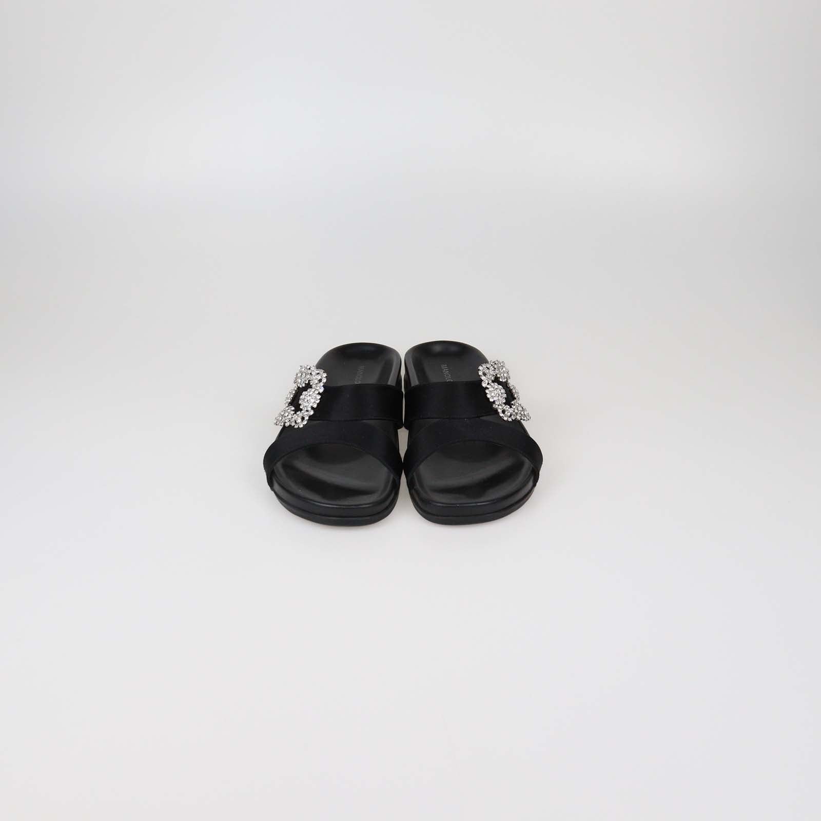 Manolo Blahnik Black Satin Crystal Embellished Slides