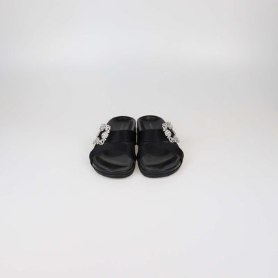 Manolo Blahnik Black Satin Crystal Embellished Slides