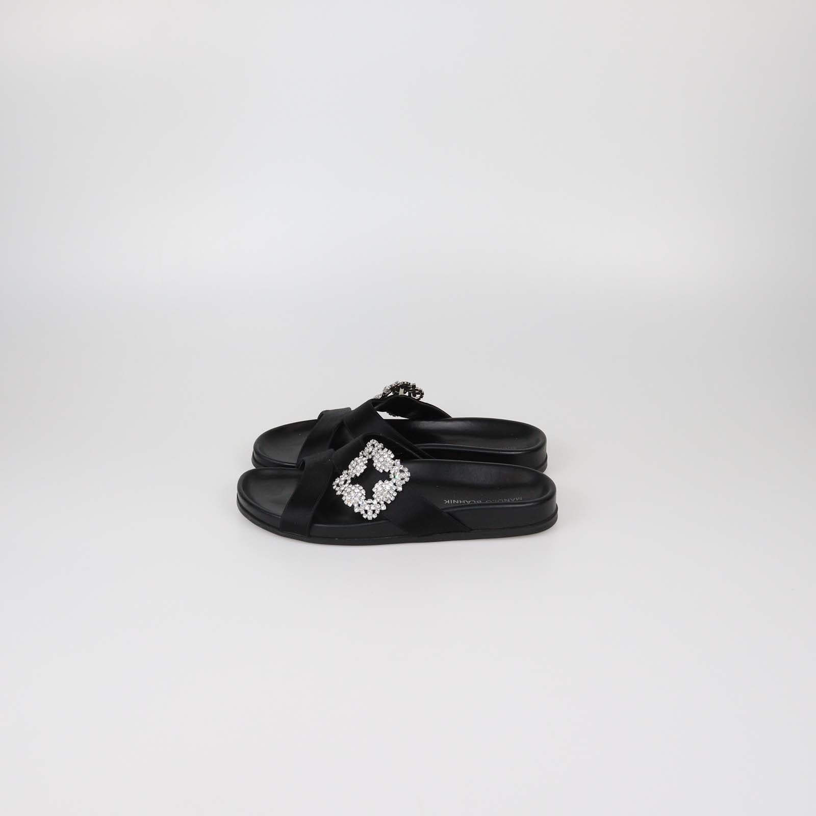 Manolo Blahnik Black Satin Crystal Embellished Slides