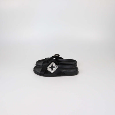 Manolo Blahnik Black Satin Crystal Embellished Slides
