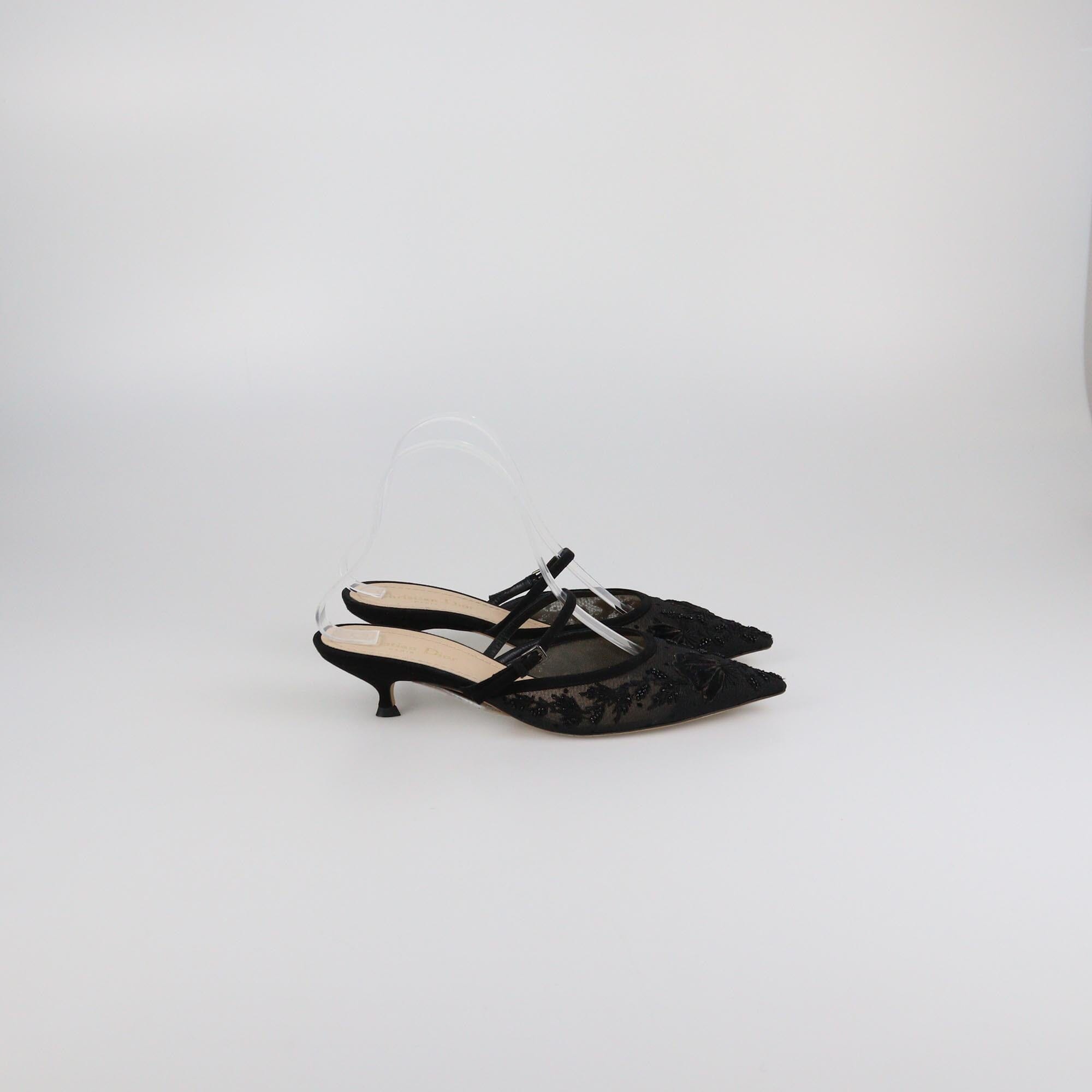 Christian Dior Black Beaded Butterfly Embroidered Kitten Heel Mule Womens Christian Dior 