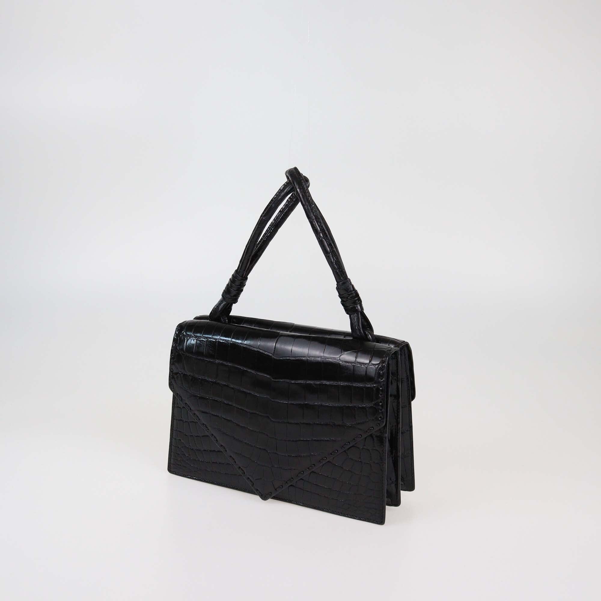 Bottega Veneta Black Shiny Crocodile Leather Piano Handle Bag Womens Bottega Veneta 