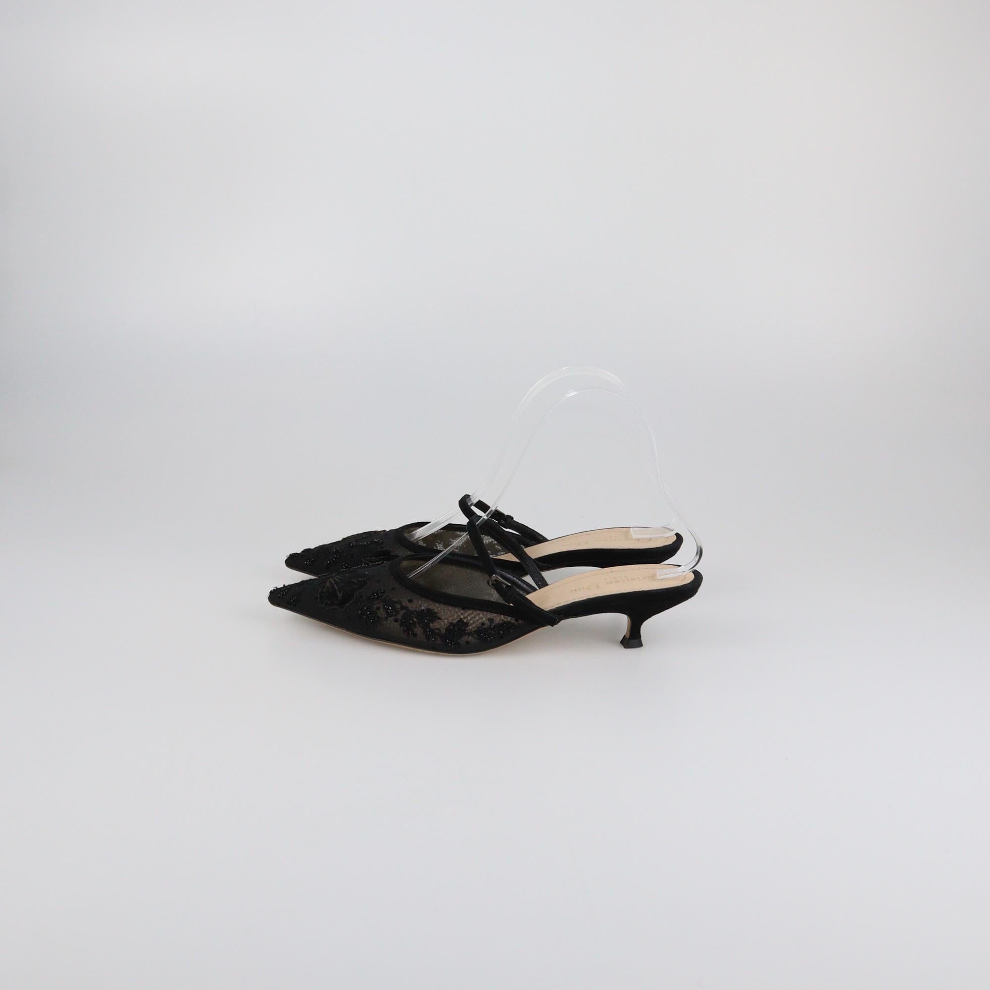 Christian Dior Black Beaded Butterfly Embroidered Kitten Heel Mule Womens Christian Dior 