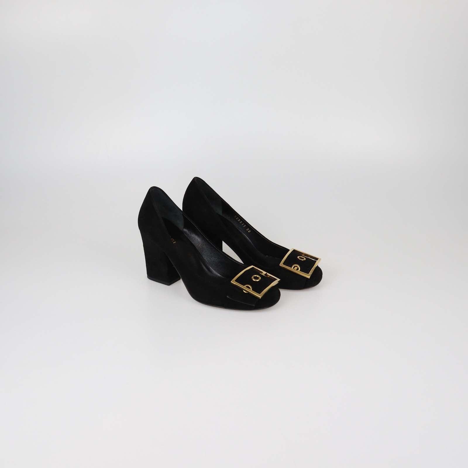 Gucci Black Suede Buckle Detail Block Heel Pumps