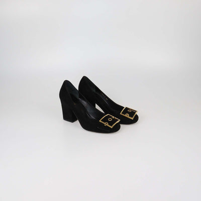 Gucci Black Suede Buckle Detail Block Heel Pumps